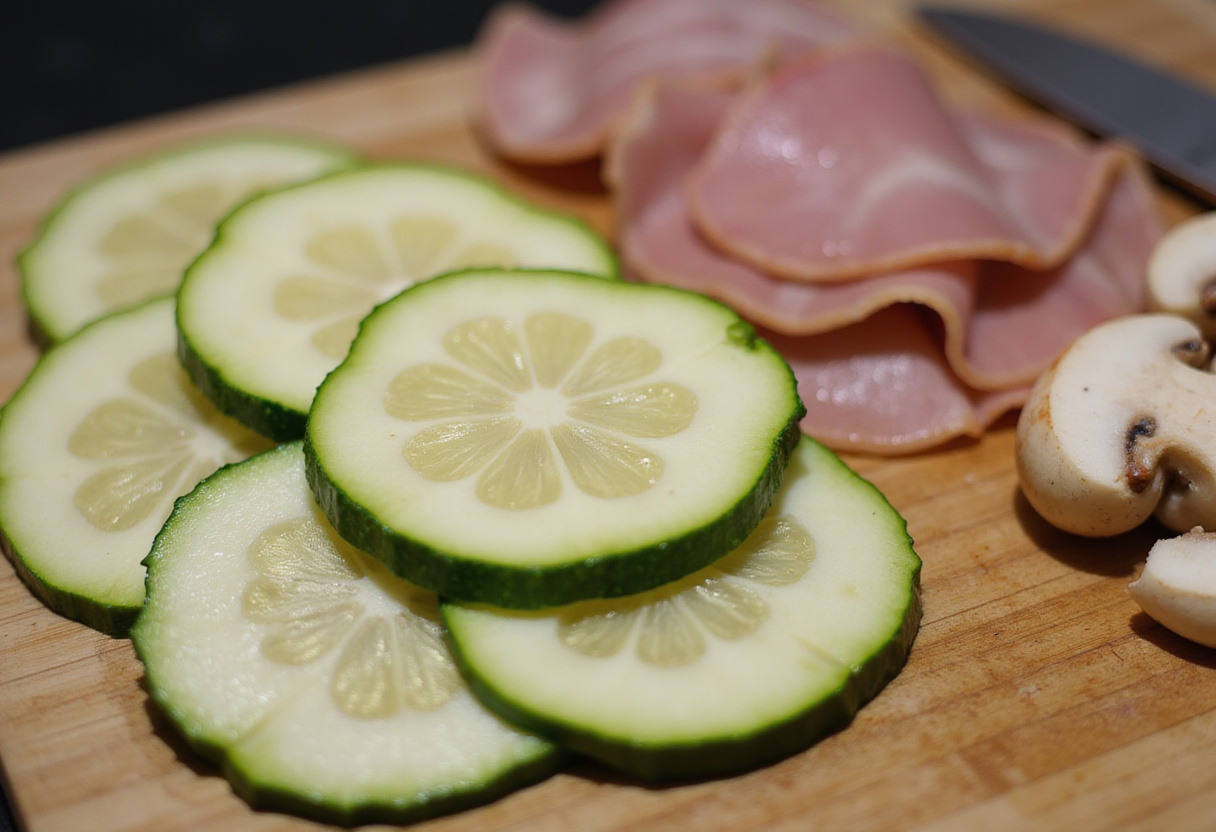 Ingredientes frescos de la receta de lasaña de calabacín: rodajas de calabacín, champiñones y jamón preparados para la lasaña saludable.