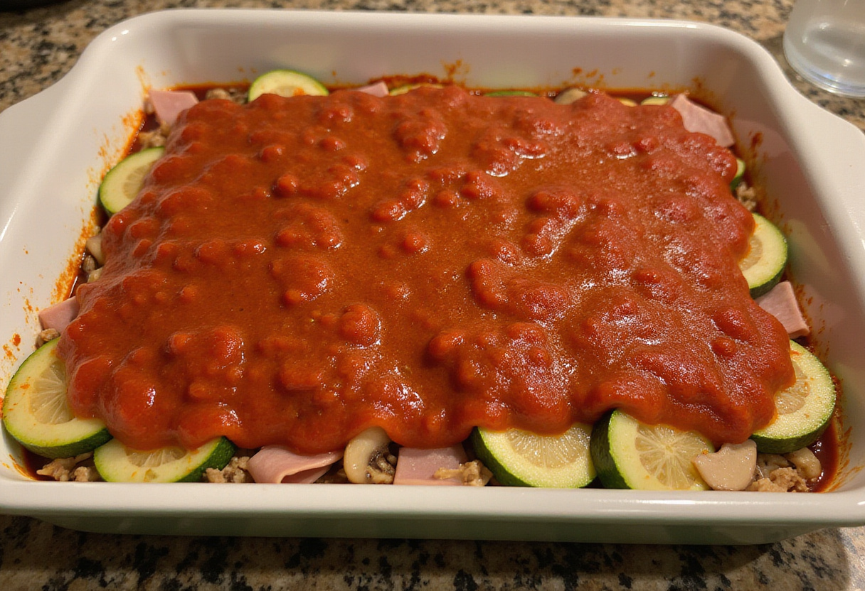 Montaje de lasaña de calabacín con capas de relleno y salsa para la lasaña fácil y saludable.