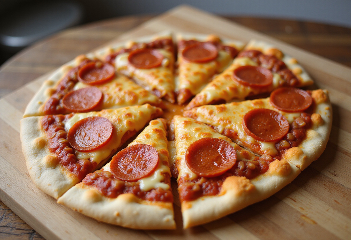 Pizza de quesadilla de pepperoni lista para servir, con masa de pizza crocante y queso derretido.
