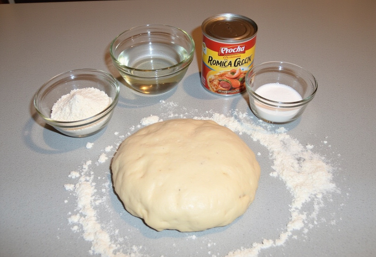 Ingredientes para la masa de pizza, incluyendo harina y levadura, para hacer una receta de pizza fácil.