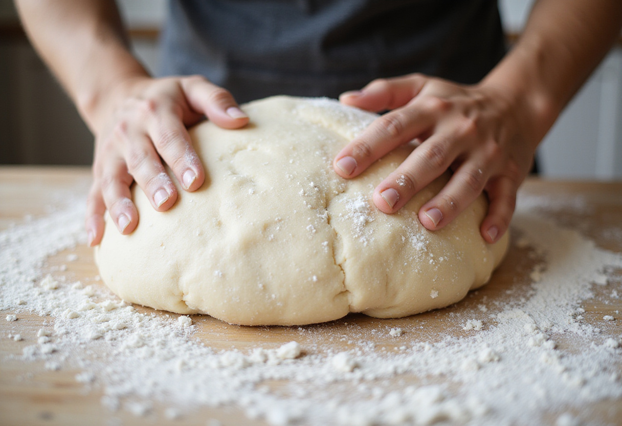 Masa de pizza siendo amasada en una superficie enharinada, ideal para una pizza rápida.