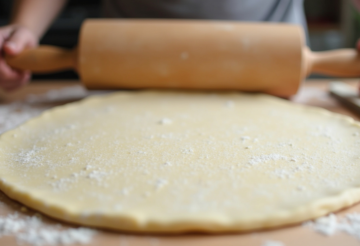 Masa de pizza siendo estirada con un rodillo, perfecta para hacer pizza crocante en minutos.