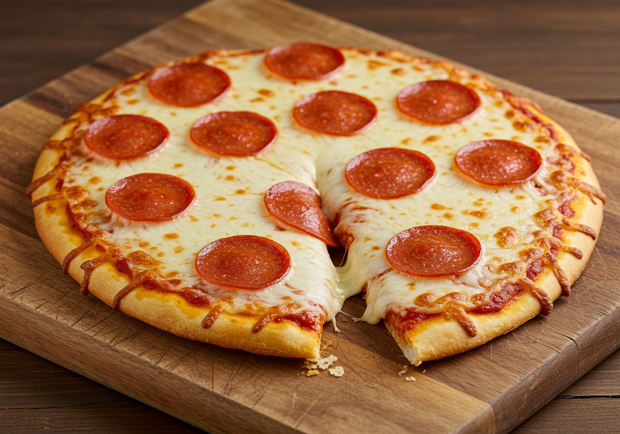 Pizza de quesadilla de pepperoni lista para servir, con masa de pizza crocante y queso derretido.