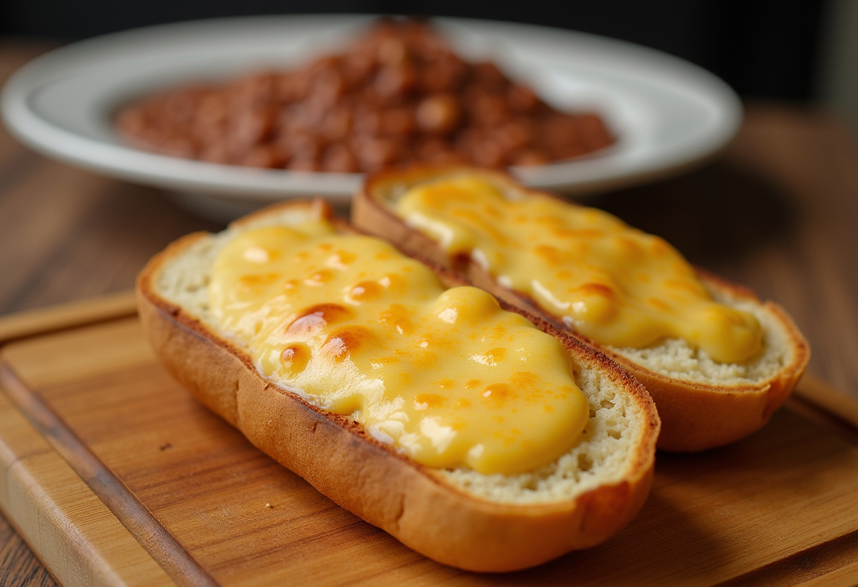 Pan bolillo con queso derretido preparado para molletes mexicanos.
