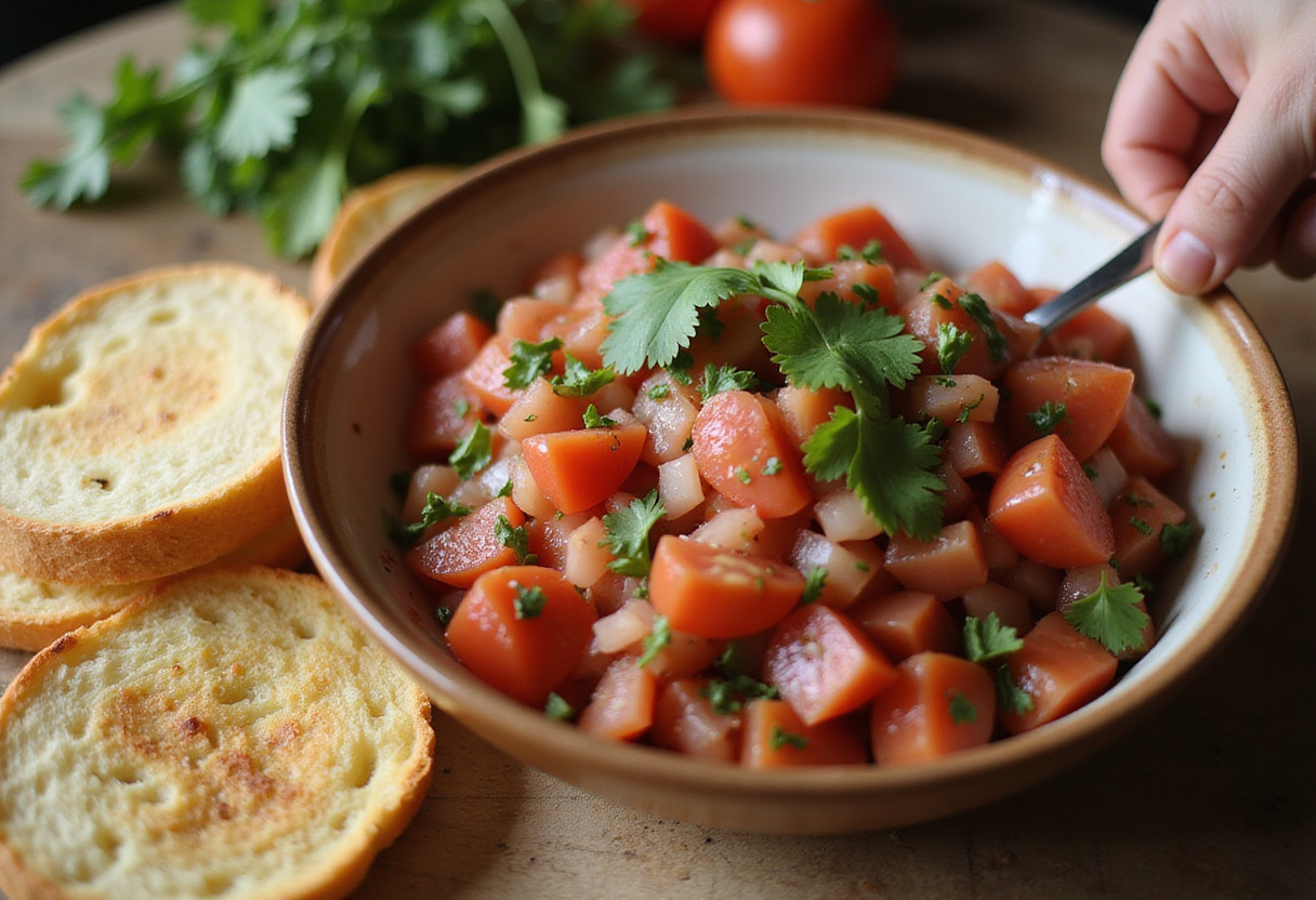 Pico de gallo siendo preparado como un aderezo para molletes mexicanos.