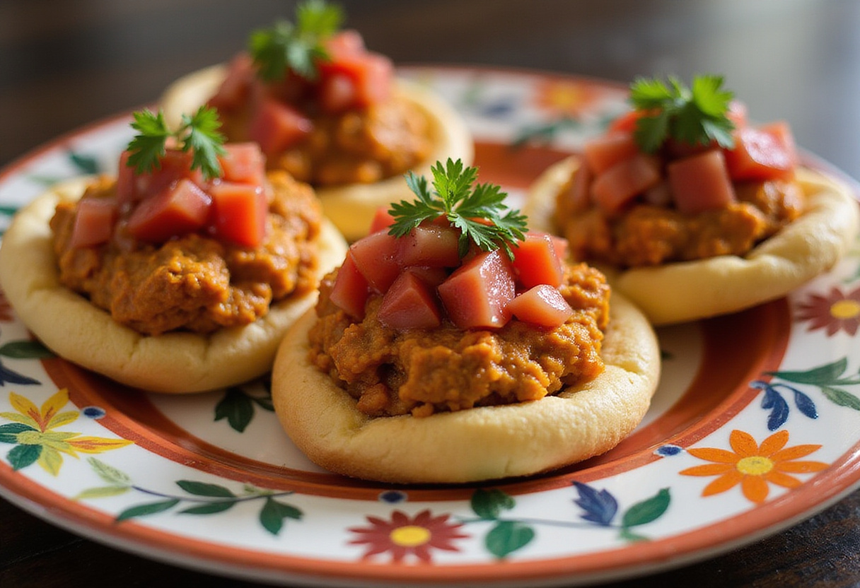 Molletes gratinados ensamblados cubiertos con pico de gallo, una deliciosa comida mexicana.