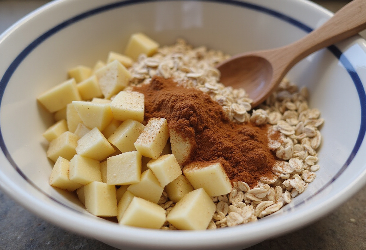 Measuring ingredients like oats, cinnamon, and apples for making muffins de manzana.
