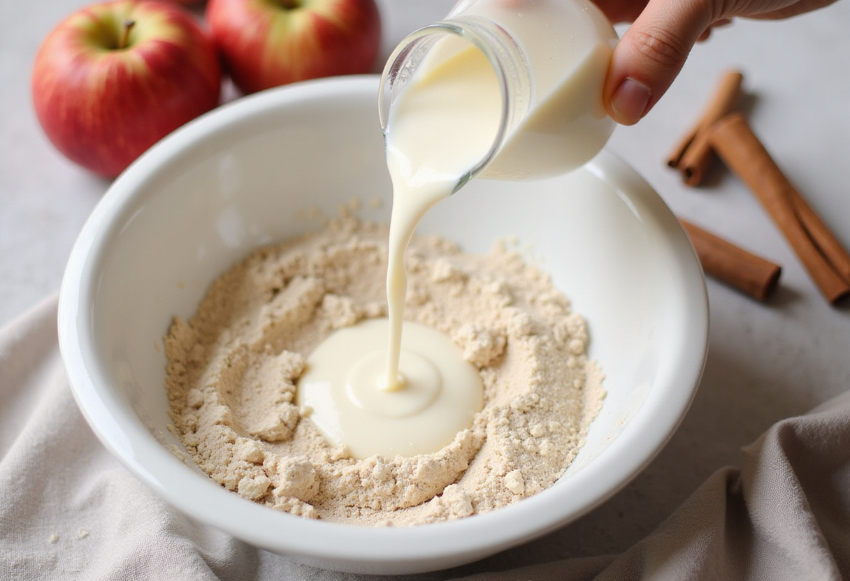 Pouring almond milk into the mix for muffins sin trigo, featuring apples and cinnamon.