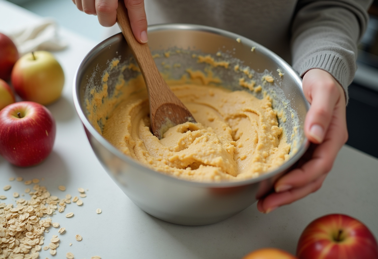Mixing batter for muffins de avena and canela, showcasing healthy ingredients.
