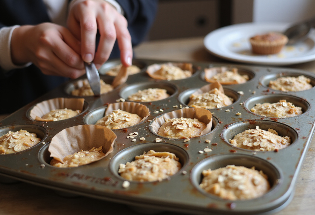 Filling muffin cups for recetas de muffins de manzana and avena, ready for baking.