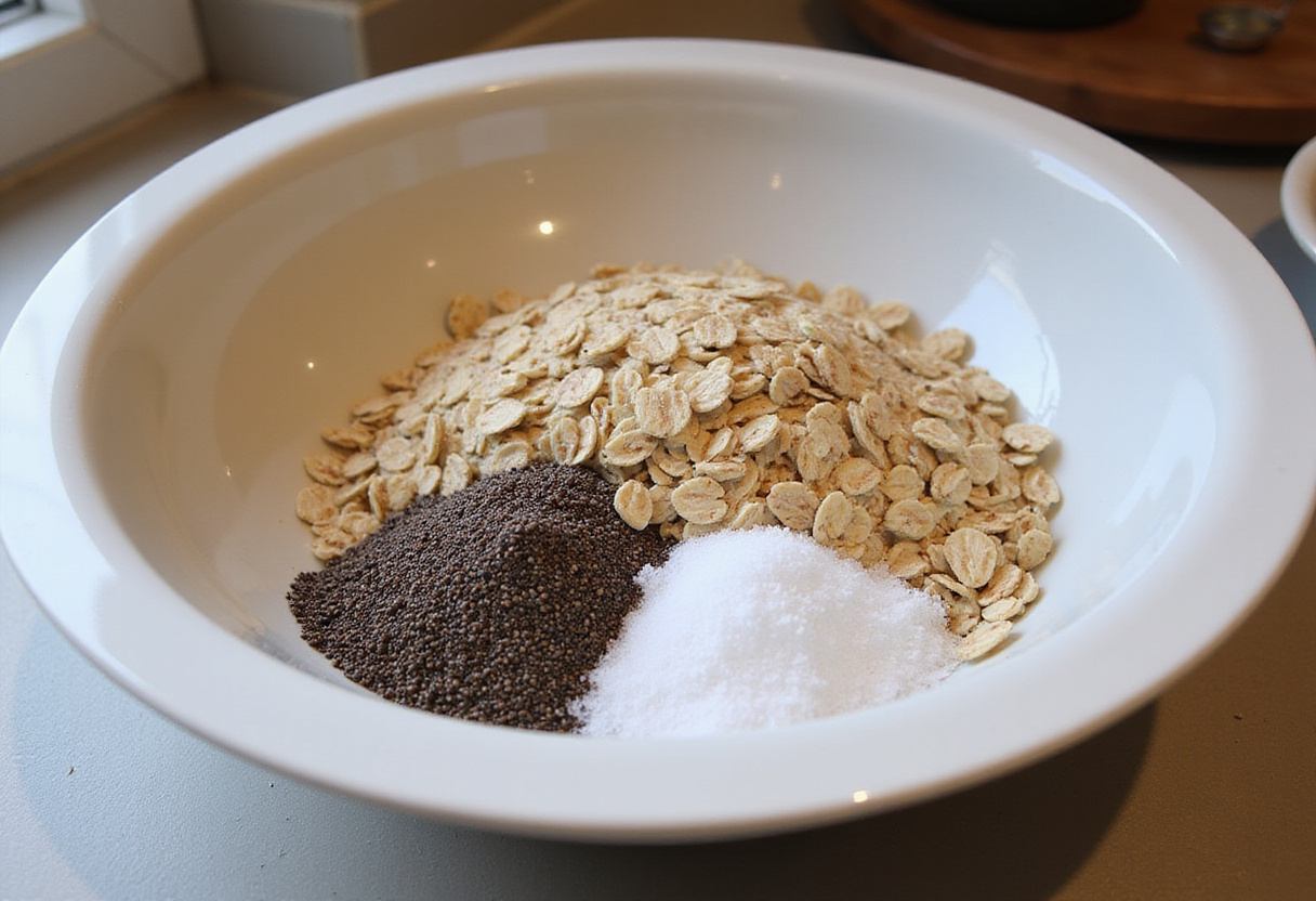 Ingredientes para pan de avena: avena, semillas de chía y sal en un bol.