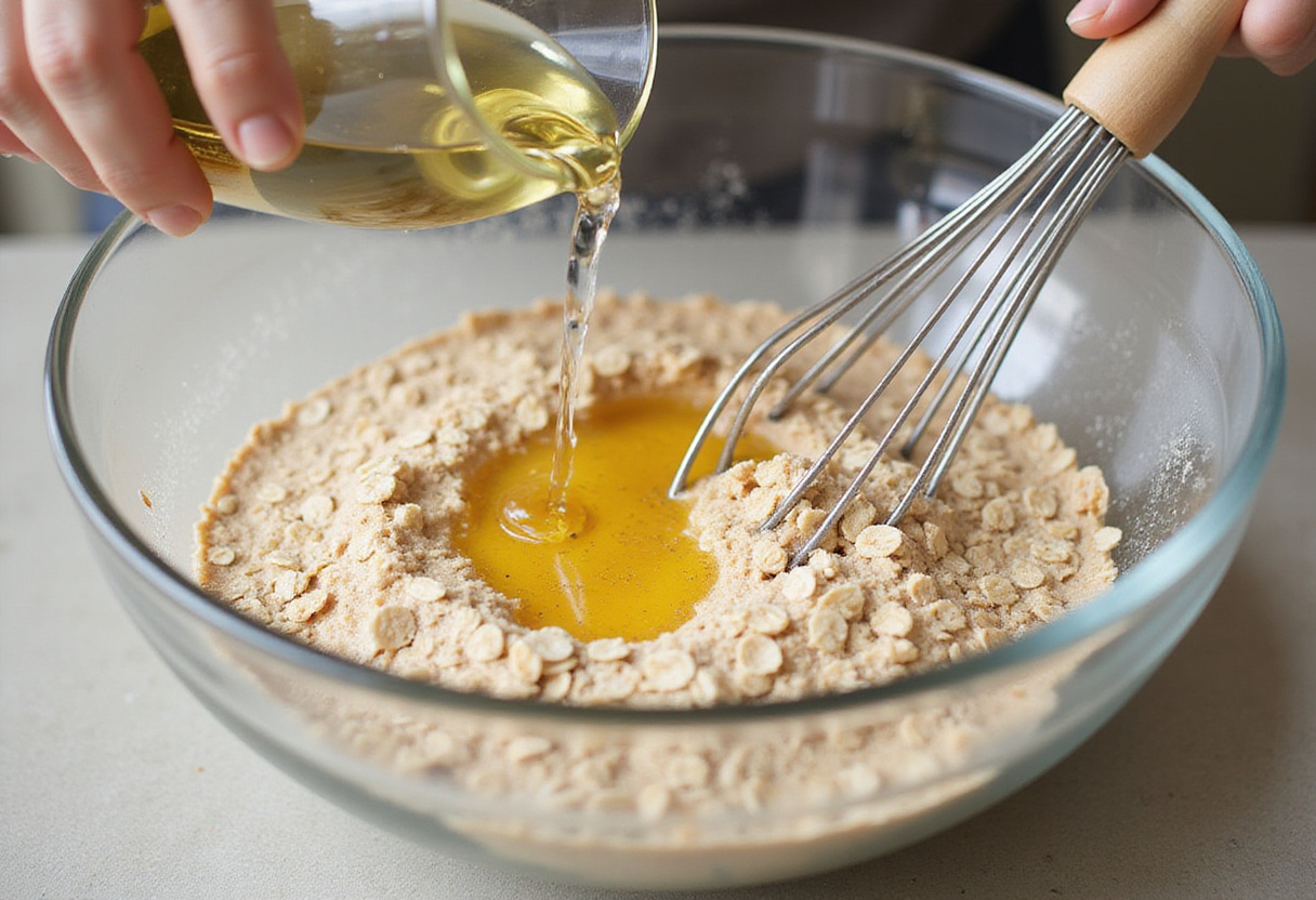 Agua y aceite siendo añadidos a la mezcla de avena para pan casero sin harina de trigo.