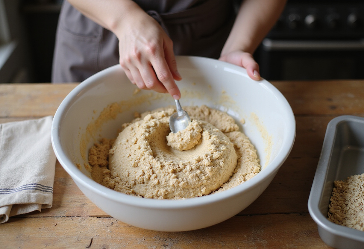 Mezcla de masa de avena para pan casero sin levadura en un bol grande.