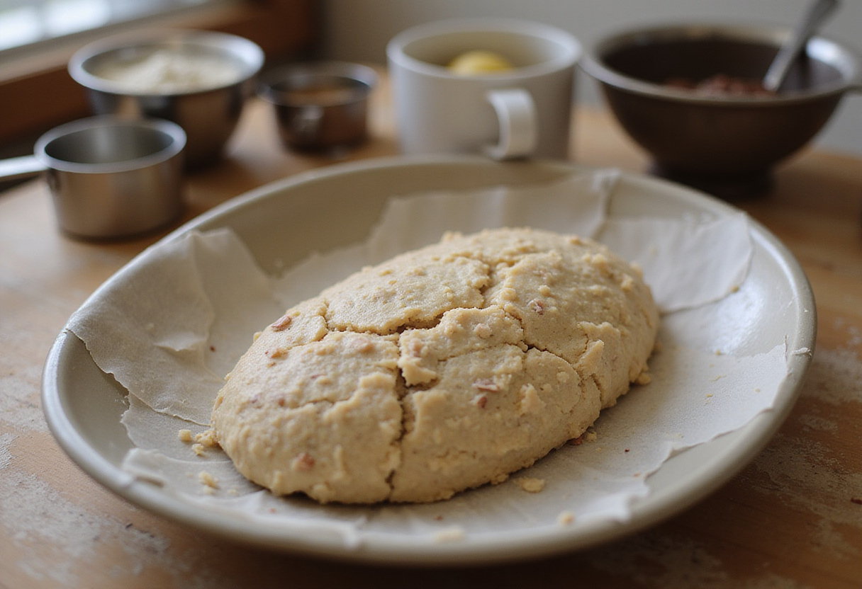 Masa de pan de avena lista para hornear en un molde, sin harina de trigo ni levadura.