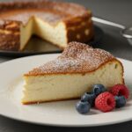Finished pan de cheesecake, elegantly served with powdered sugar and berries, perfect for dessert lovers.
