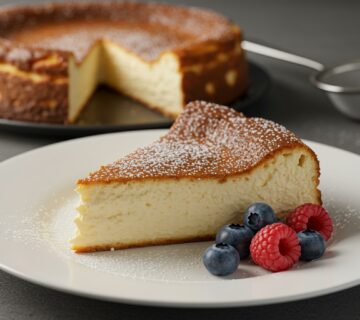 Finished pan de cheesecake, elegantly served with powdered sugar and berries, perfect for dessert lovers.