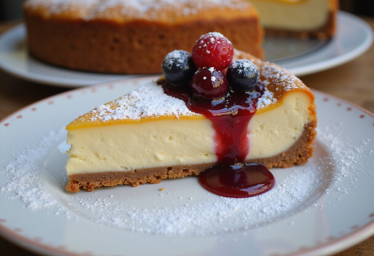 Pan de cheesecake terminado, elegantemente servido con azúcar glas y bayas, perfecto para los amantes del postre.