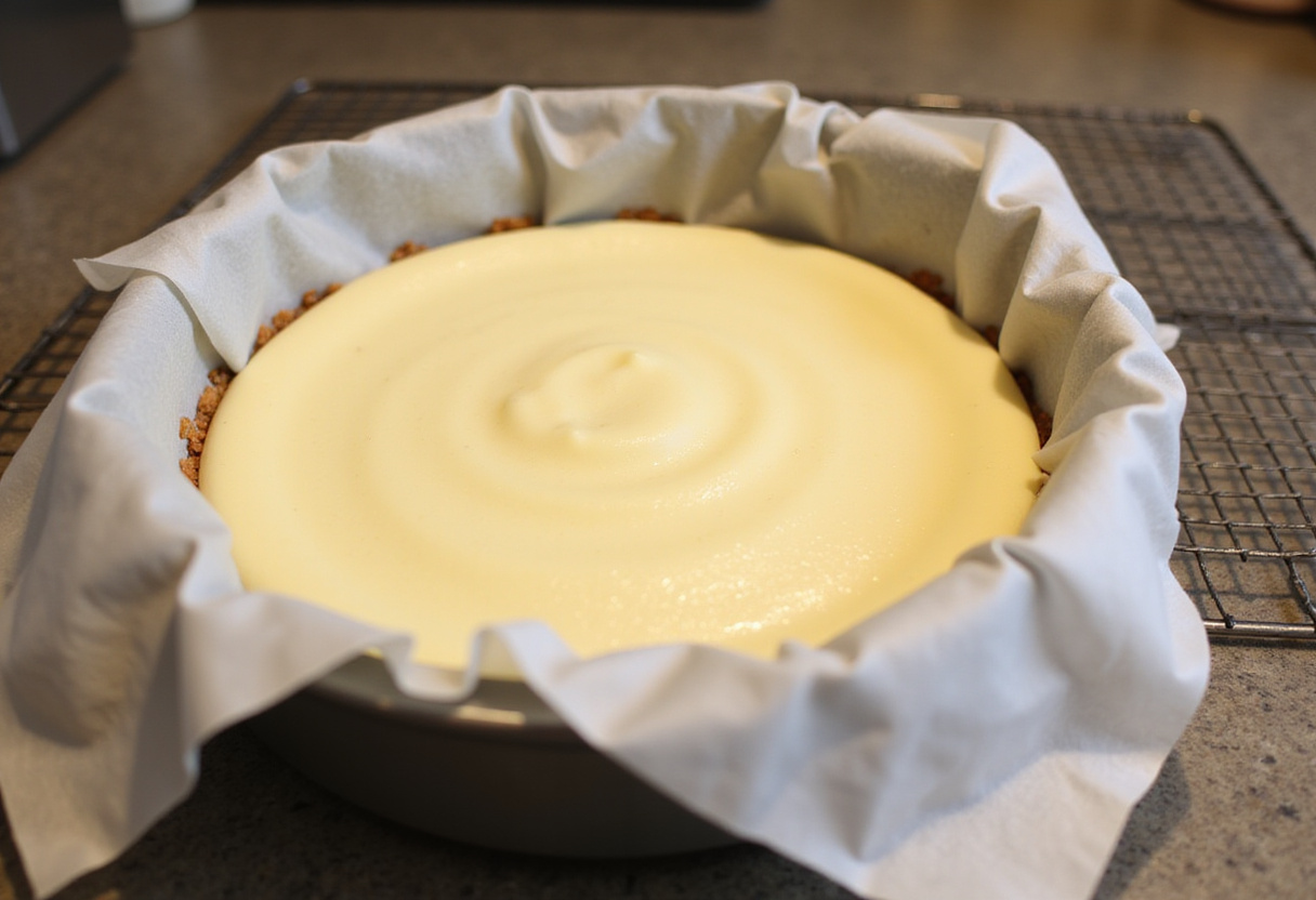Bandeja para hornear con masa de cheesecake lista para el horno, mostrando la preparación para la deliciosa receta de cheesecake vasco.