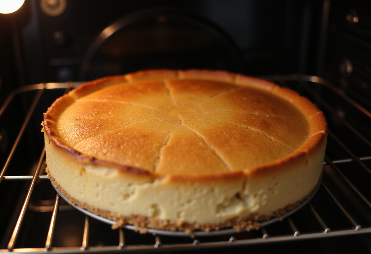 Pan de cheesecake recién horneado, mostrando la parte superior marrón característica del cheesecake vasco mientras se enfría en el horno.