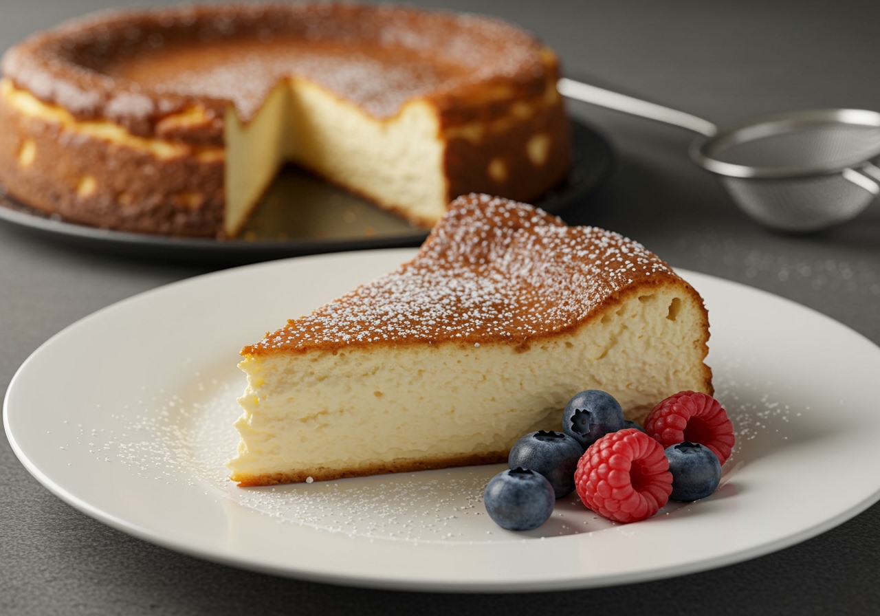 Finished pan de cheesecake, elegantly served with powdered sugar and berries, perfect for dessert lovers.