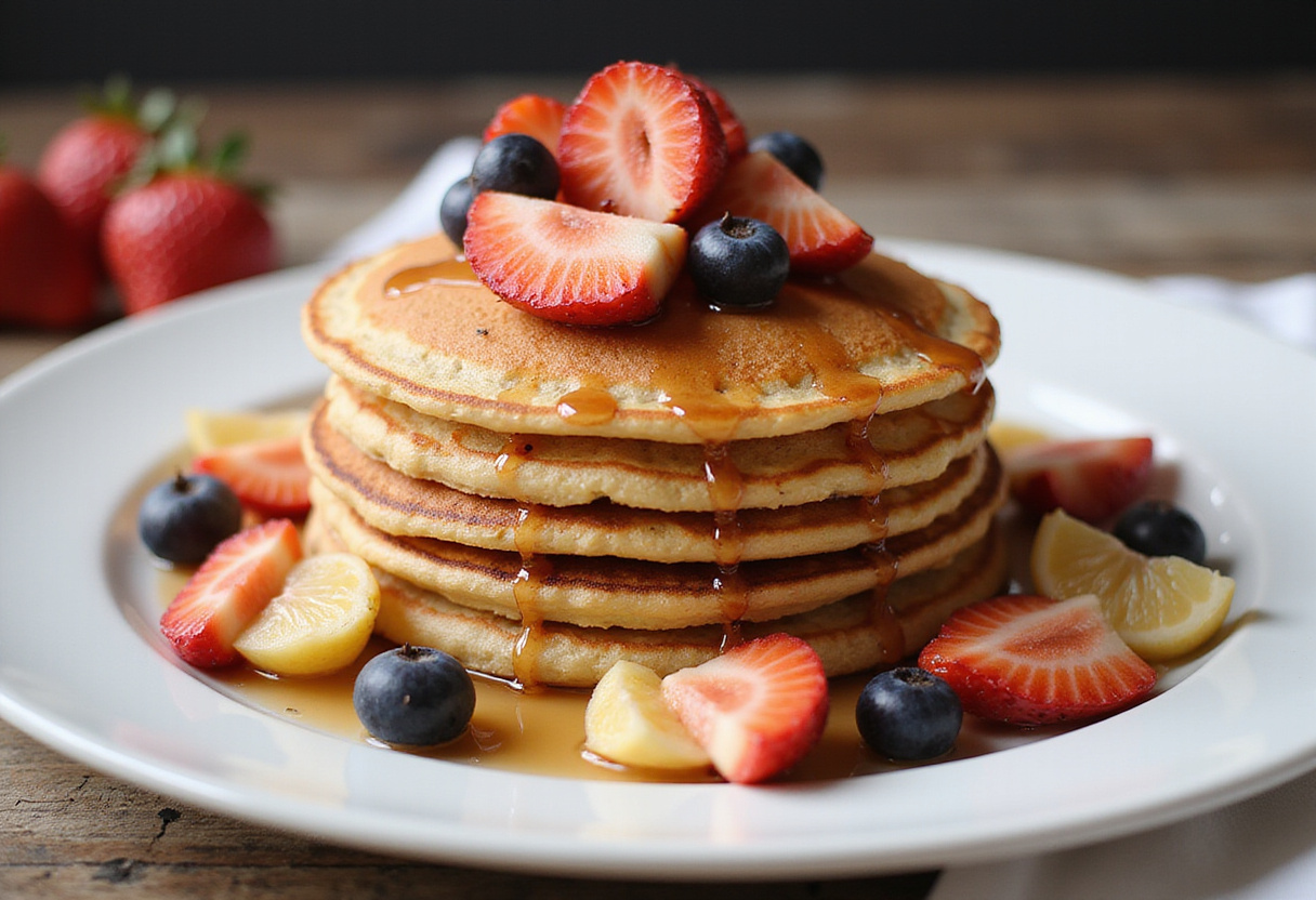 Deliciosos panqueques de alta proteína servidos con fruta fresca y jarabe.