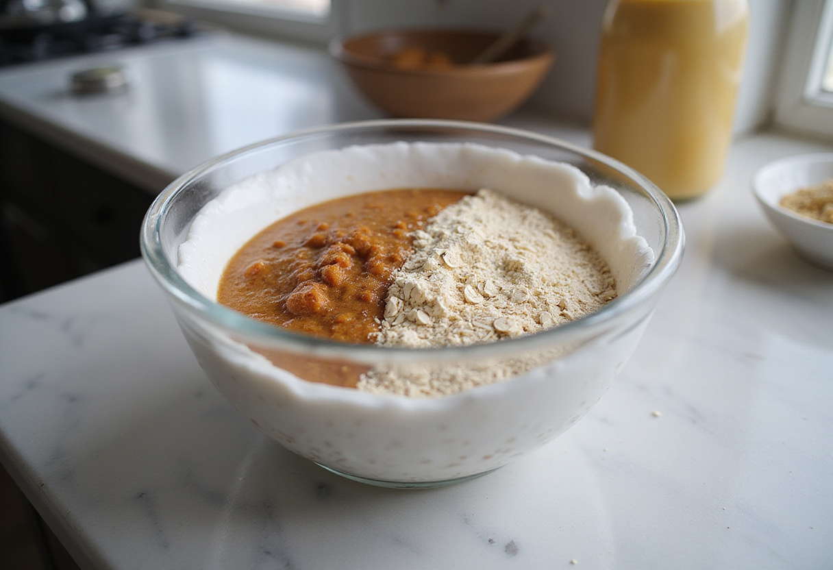 Ingredientes para panqueques de alta proteína, avena y proteína en polvo en un tazón.