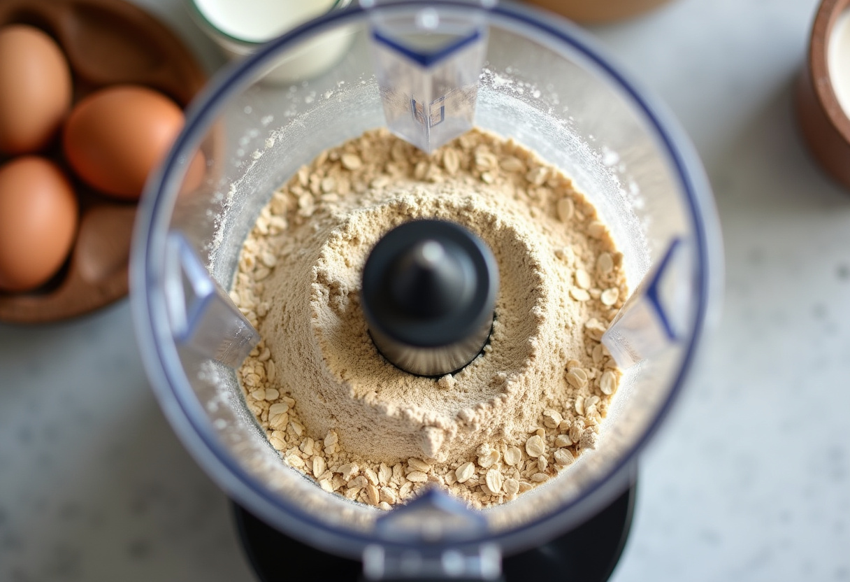 Mezclando avena y proteína en polvo para la masa de panqueques de alta proteína.
