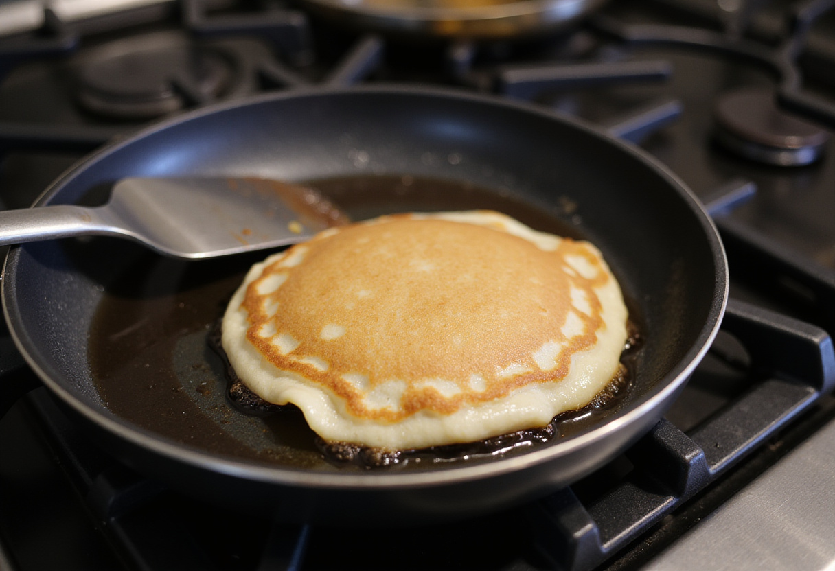 Panqueque de alta proteína cocinándose en una sartén, burbujas visibles en la superficie.
