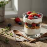 Parfait de yogur griego terminado, un delicioso postre saludable en una presentación atractiva.