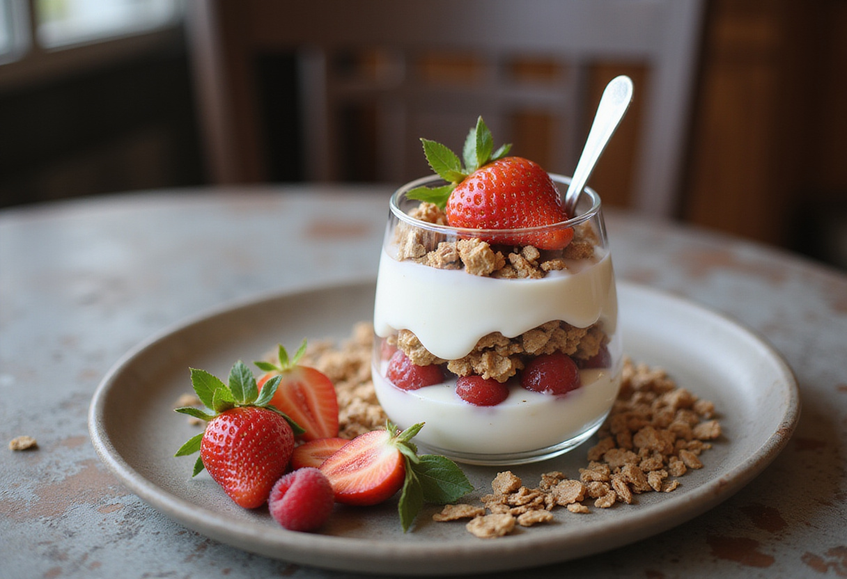 Parfait de yogur griego terminado, un delicioso postre saludable en una presentación atractiva.
