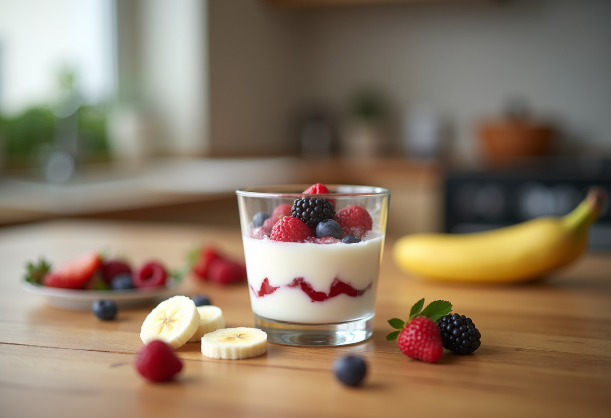 Receta de parfait de yogur griego en un vaso con frutas frescas al lado.