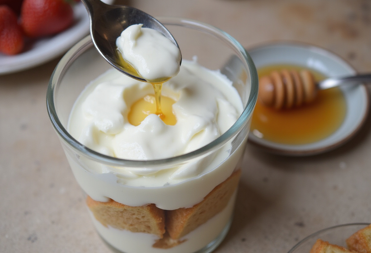 Añadiendo yogurt griego en la capa del parfait de yogur para un postre saludable.