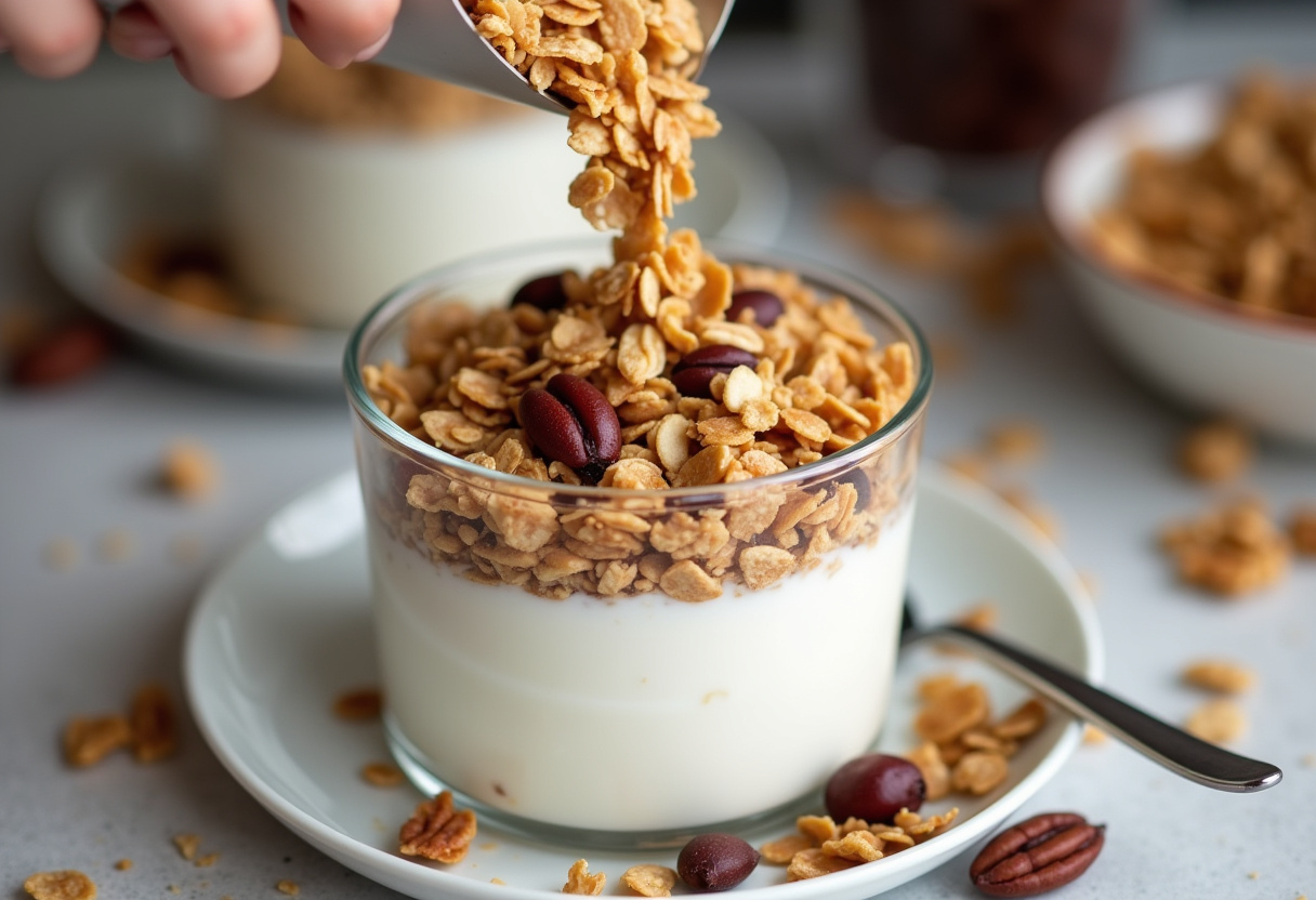 Agregando granola al parfait de yogur griego para mejorar su textura y sabor.