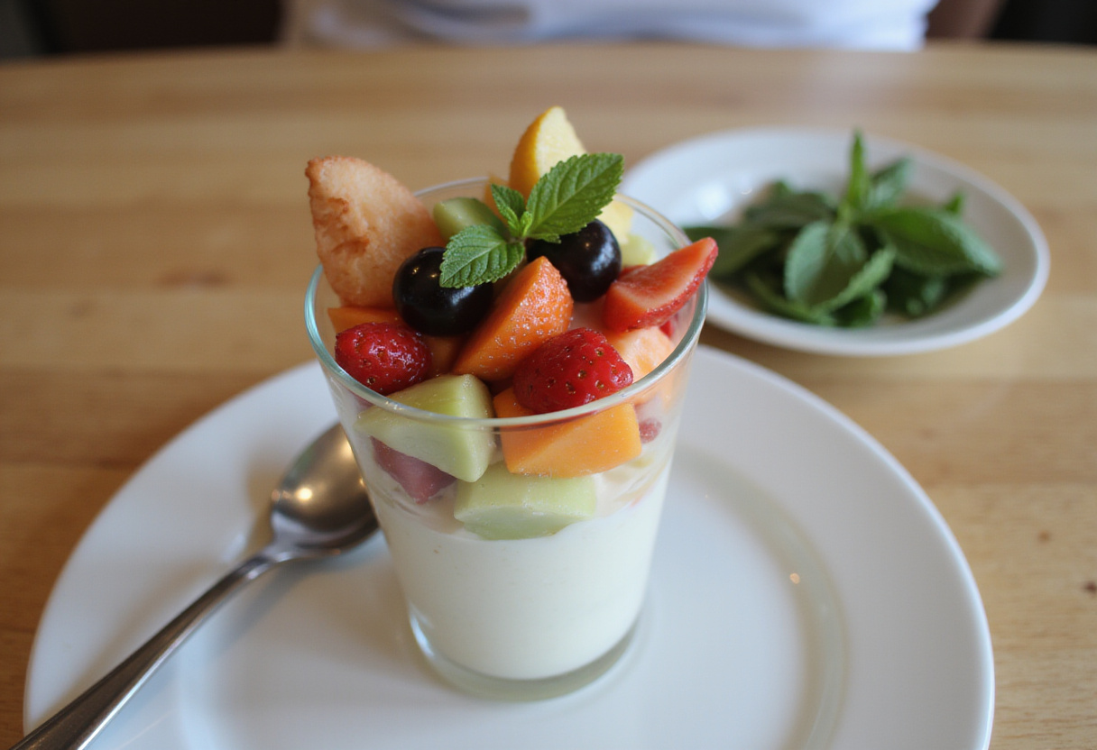 Decorando el parfait de yogur griego con frutas coloridas para una presentación perfecta.