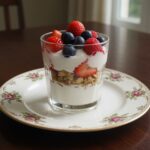 Beautifully presented parfait de yogur griego, a saludable postre lleno de sabores.