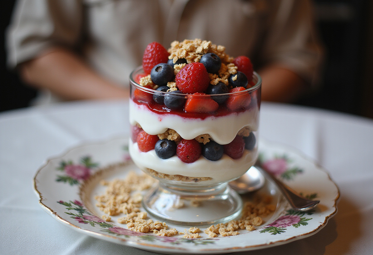Beautifully presented parfait de yogur griego, a saludable postre lleno de sabores.