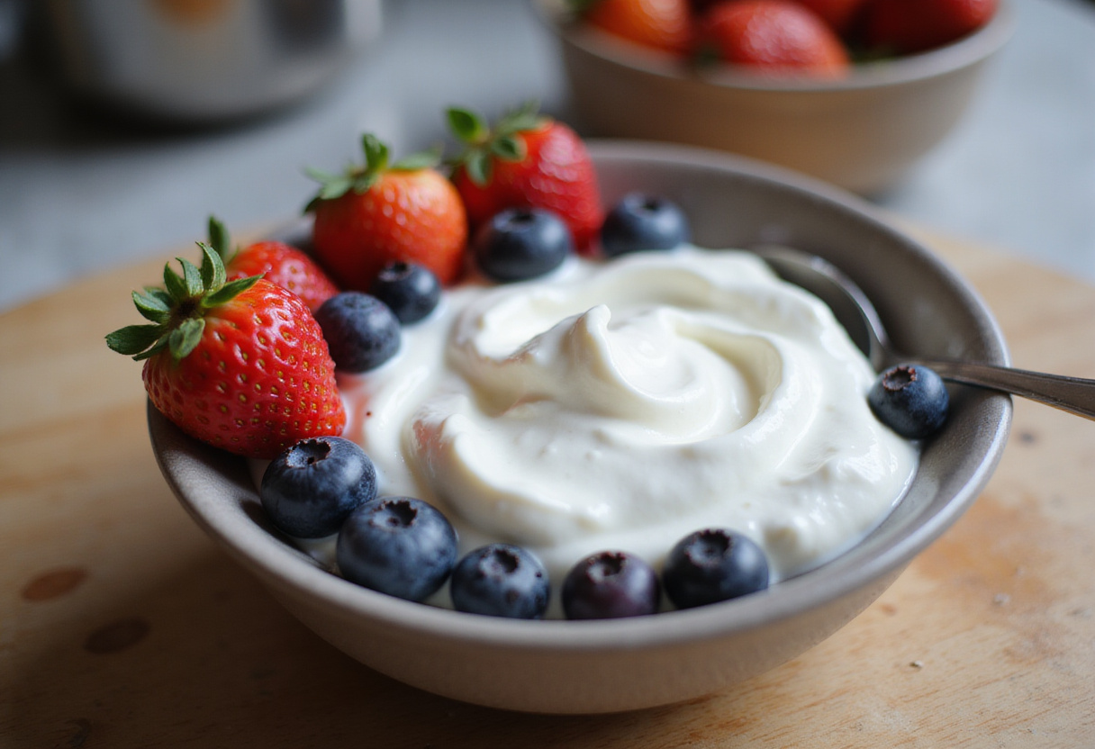 Bowl of Greek yogurt surrounded by fresh berries for parfait de yogur griego.