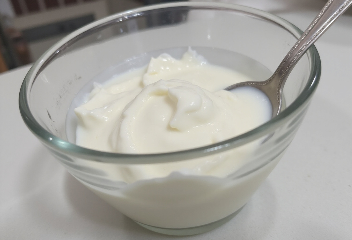 Layering Greek yogurt in a glass for the receta de parfait.