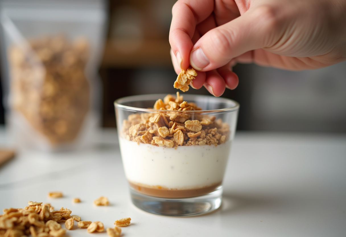 Adding granola to the yogurt layer for a parfait saludable.