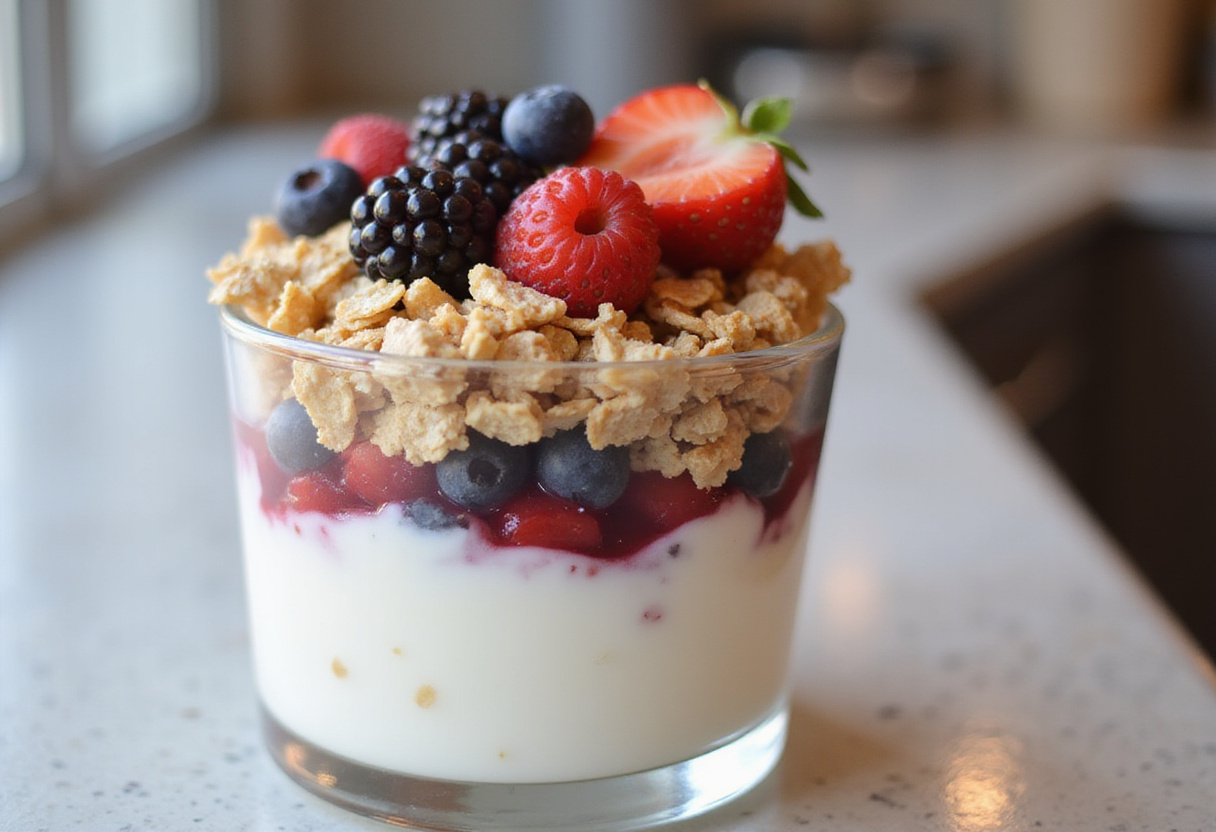 Layered parfait de yogur griego with yogurt, granola, and berries in a glass.