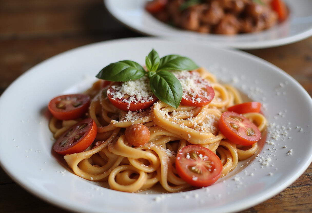 Plated pasta cremosa de tomate, ready for a quick and delicious cena lista.