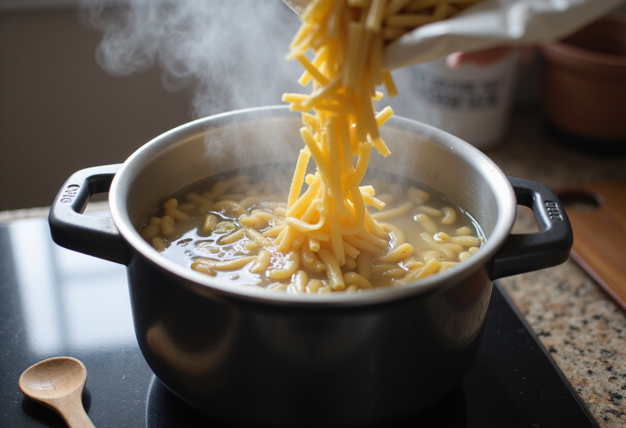 Pasta being added to boiling water for receta de pasta cremosa de tomate.