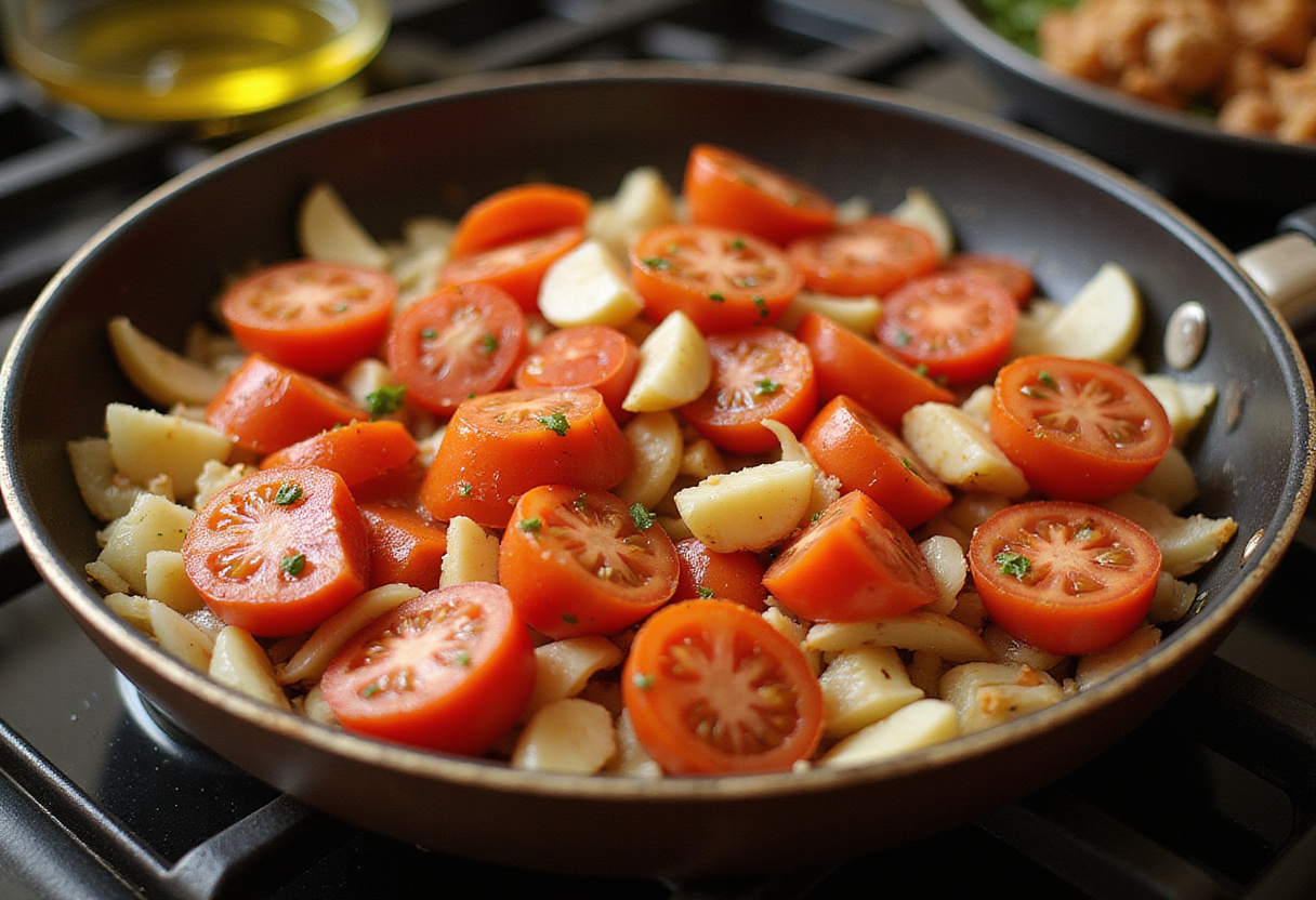 Sautéing diced tomatoes, garlic, and onions for pasta cremosa in a skillet.