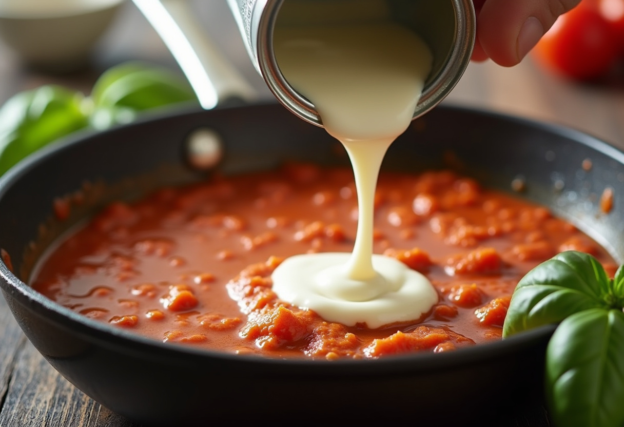 Heavy cream being added to the tomato mixture for pasta cremosa receta.