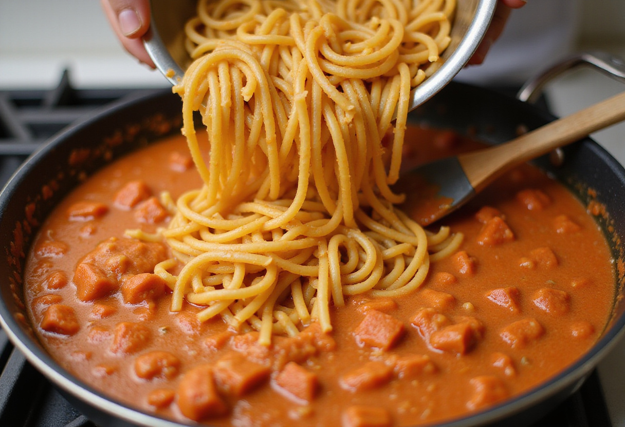 Drained pasta being mixed into the creamy tomato sauce for cena rápida.