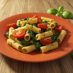 Delicious plate of pasta con espinaca y tomate, a quick and comforting dish.