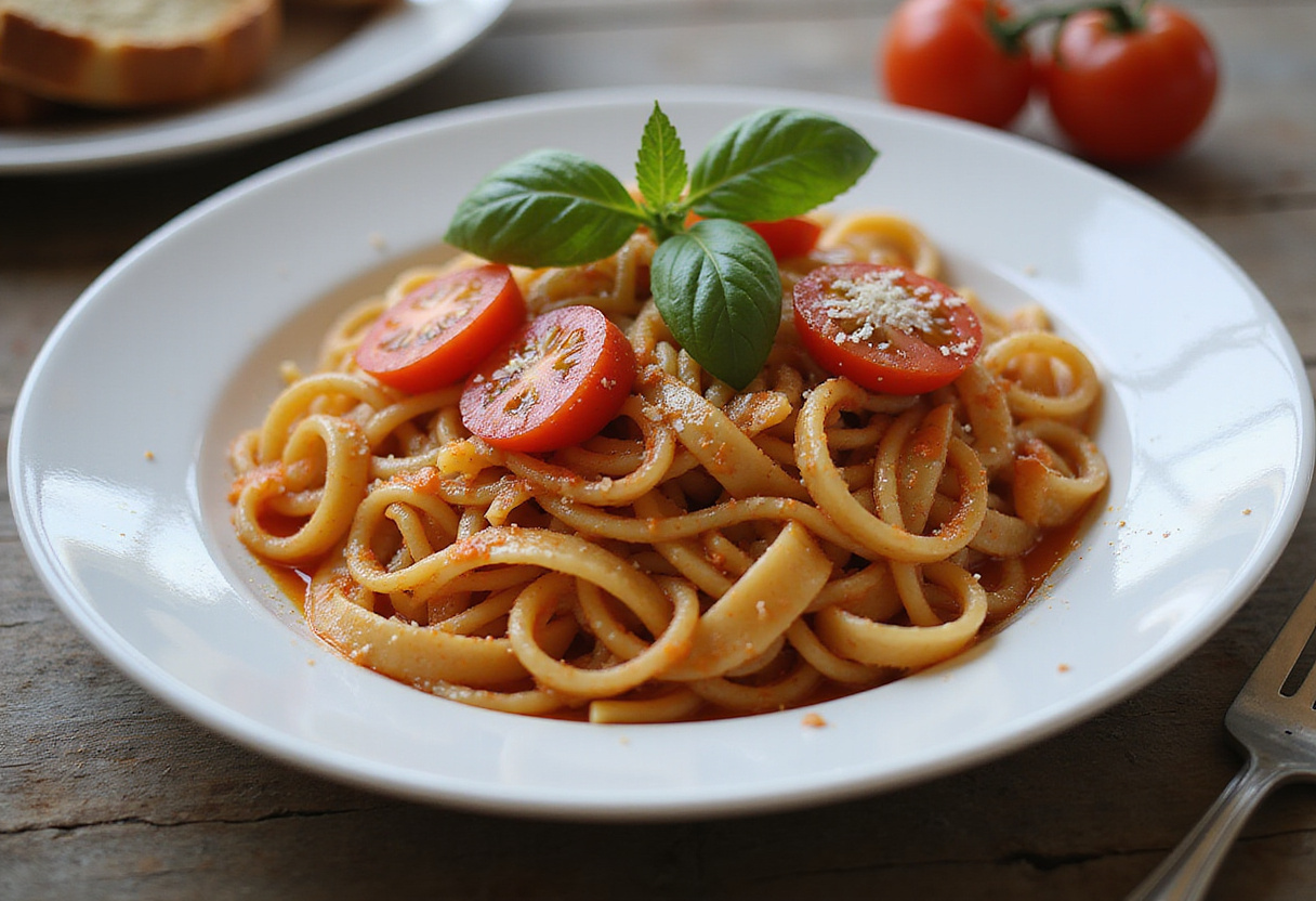 Delicious plate of pasta con espinaca y tomate, a quick and comforting dish.