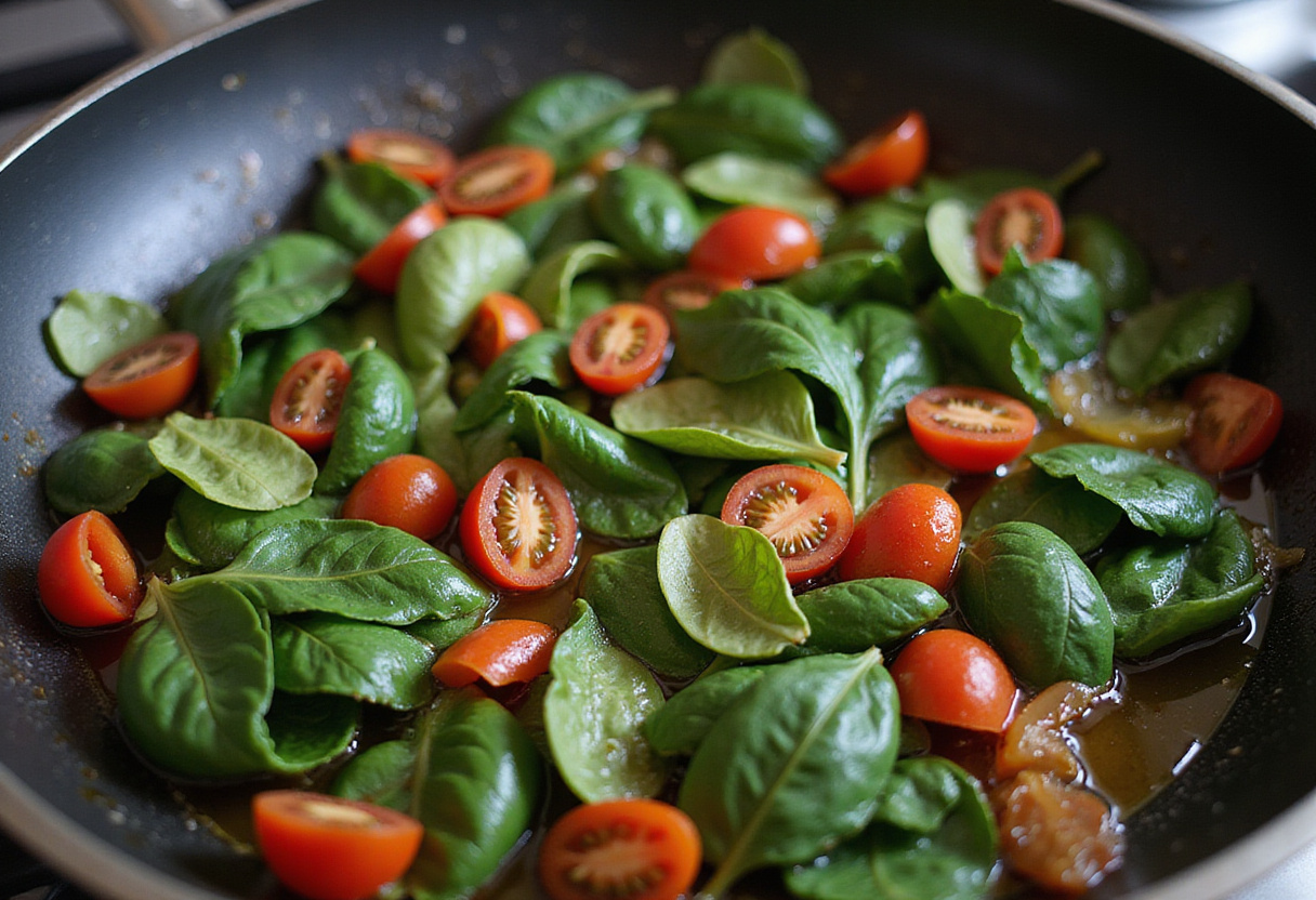 Spinach and tomatoes sautéing in a skillet for pasta con espinaca recipe.