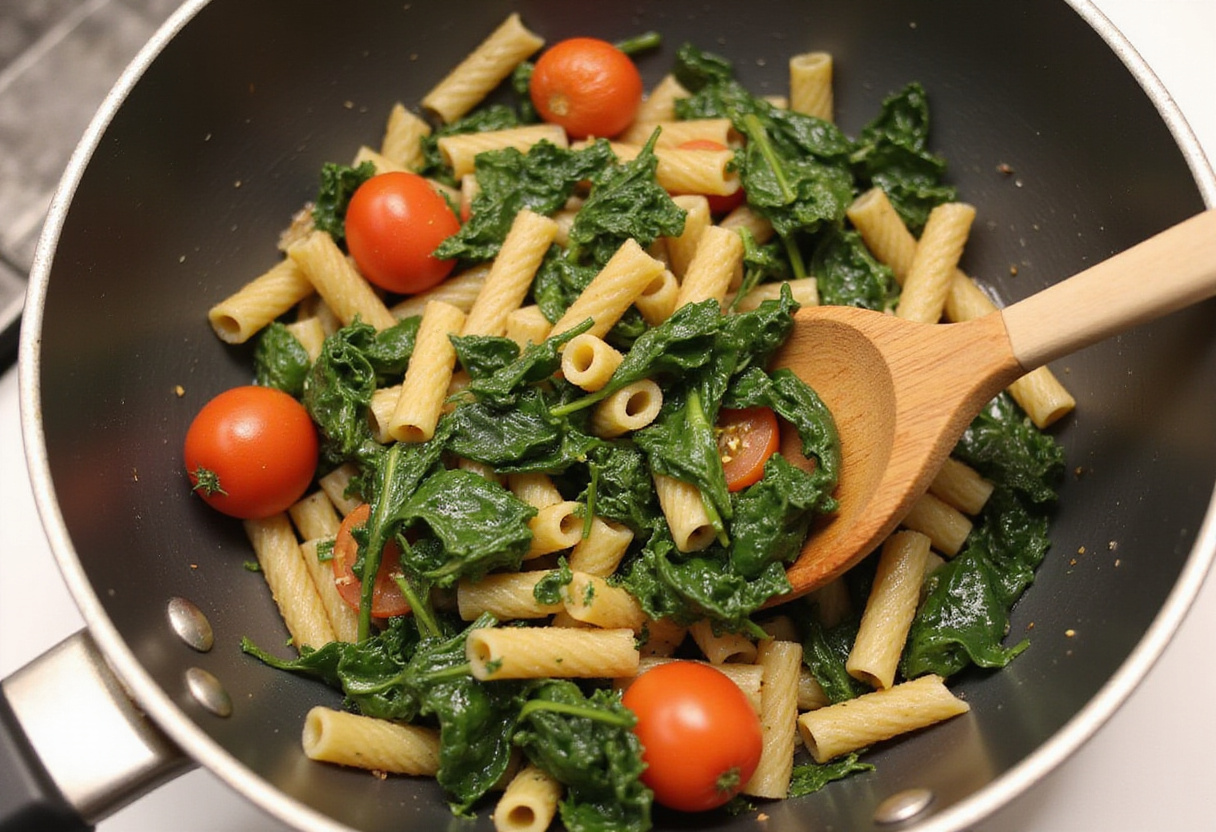 Cooked pasta being combined with fresh spinach and tomato mixture for delicious pasta con espinaca.