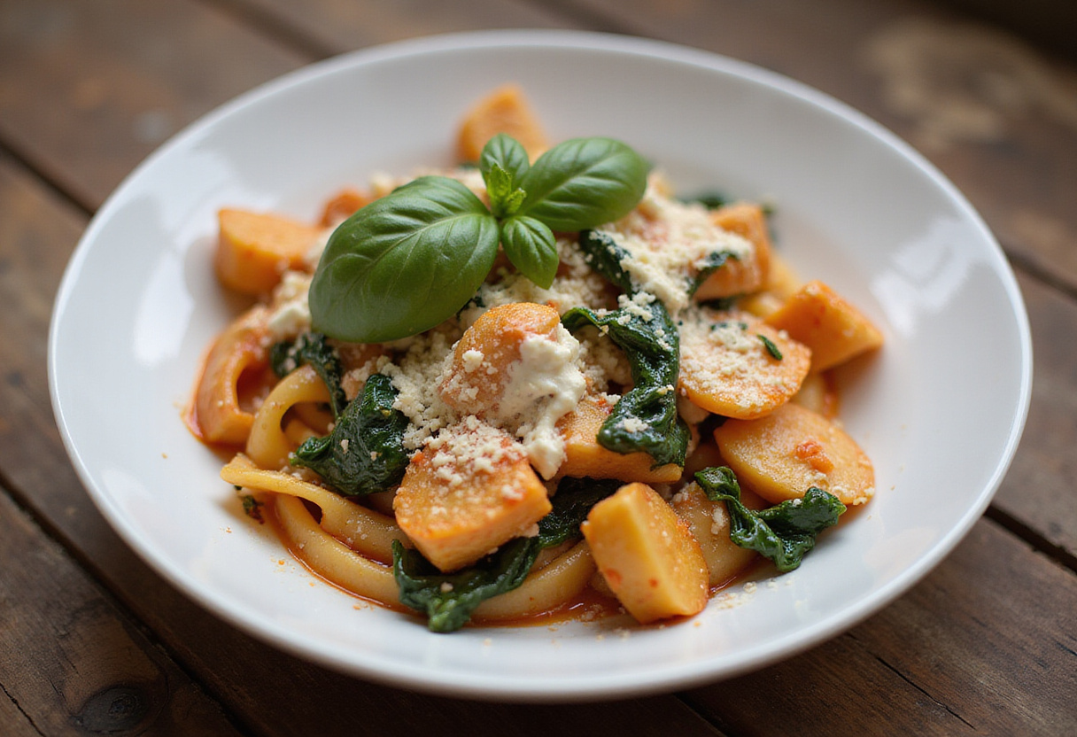 Pasta al horno con pollo y espinacas, deliciosa y perfecta para una comida reconfortante.